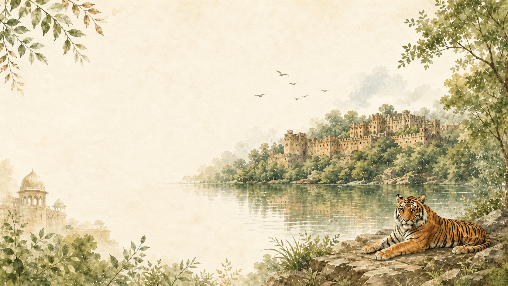 Watercolor Ranthambore fort, lake, greenery, and tiger for a luxury event banner